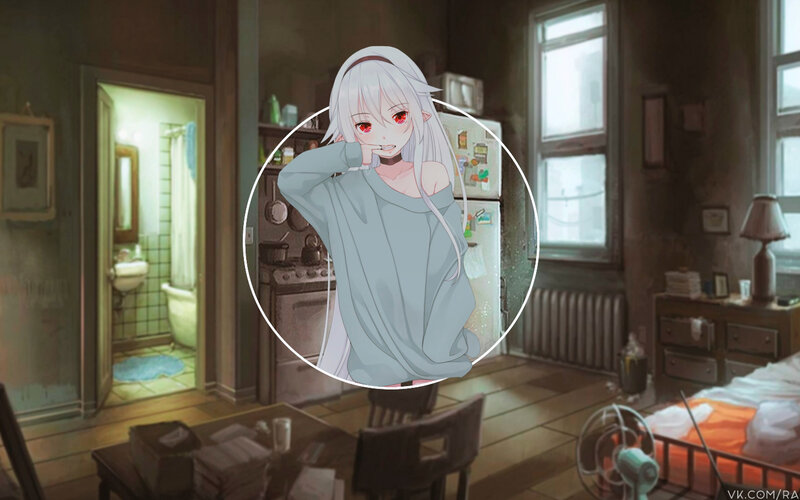 Anime Girl in Kitchen — Gray, Calm