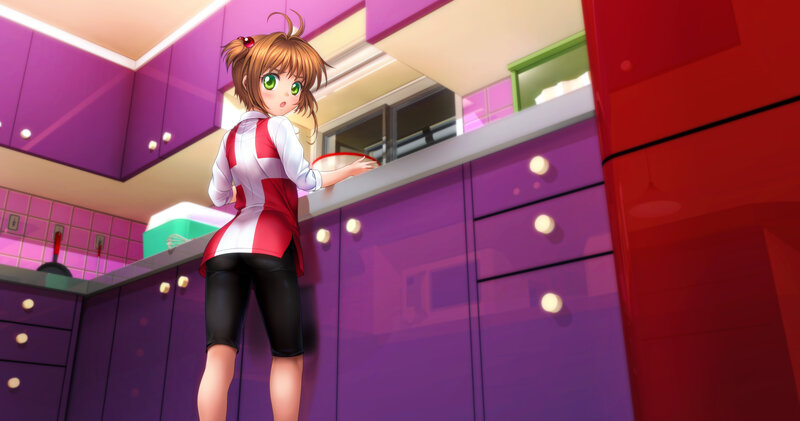 Anime Girl in Kitchen — Purple, Calm, Cabinets