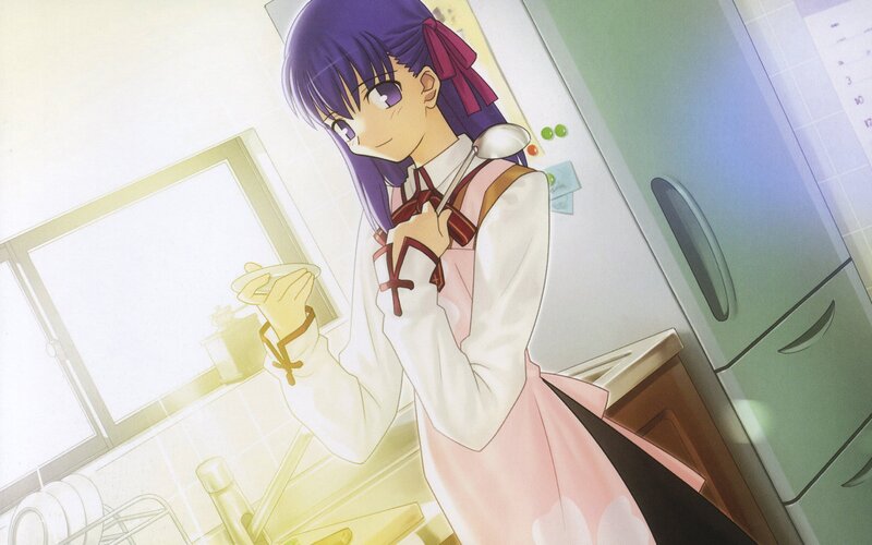 Anime Girl in Kitchen — Purple, Calm, Morning, Apron, Spoon, Refrigerator
