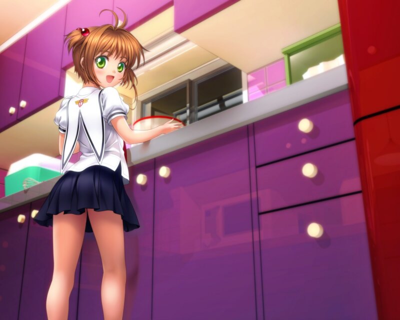 Anime Girl in Kitchen — Purple, Cheerful