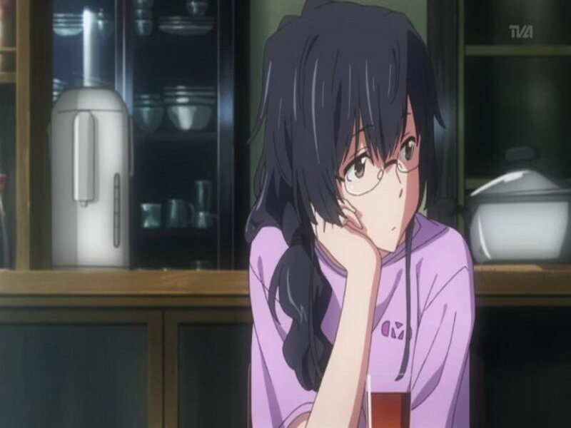 Anime Girl in Kitchen — Purple, Contemplative