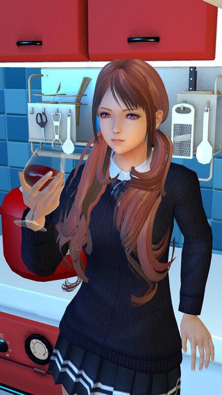 Anime Girl in Kitchen — Red, Calm