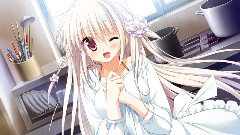 Anime Girl in Kitchen — White, Cheerful