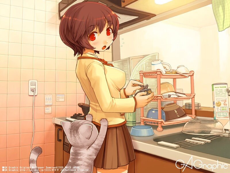 Anime girl in kitchen with cat