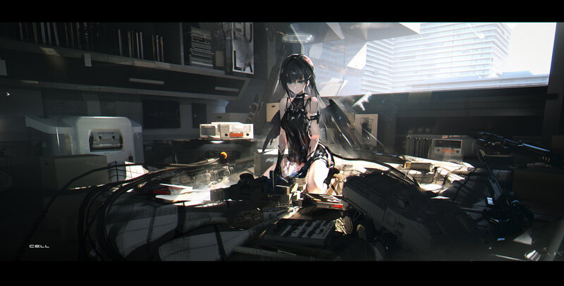 Anime Girl in Lab — Black, Dramatic, Afternoon