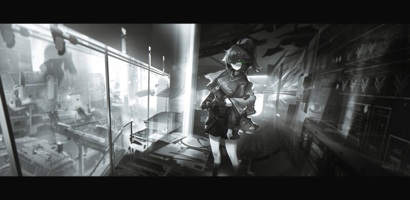 Anime Girl in Lab — Black, Dramatic, Digital Art, Robot