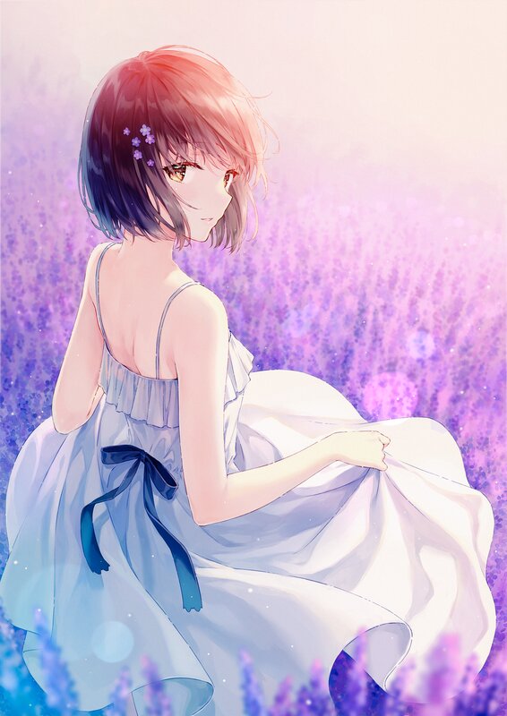 Anime Girl in Lavender Field — Purple, Serene, Sunset