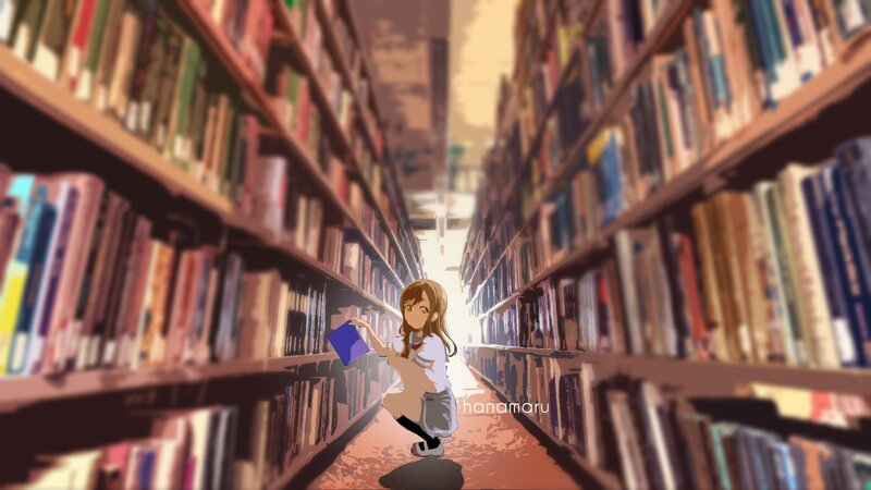Anime Girl in Library — Brown, Calm, Afternoon, Bookshelf, Book