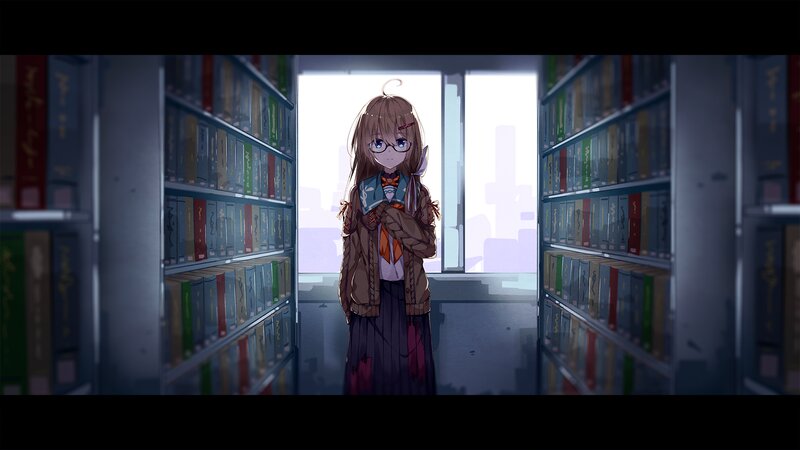 Anime Girl in Library — Brown, Calm, Afternoon, Digital Art