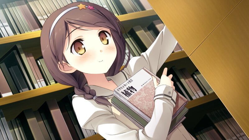 Anime Girl in Library — Brown, Calm, Bookshelf, Books, Headband