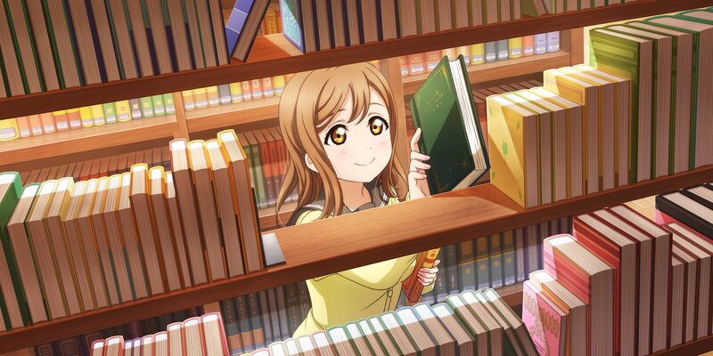 Anime Girl in Library — Brown, Calm, Bookshelf, Books, Smile