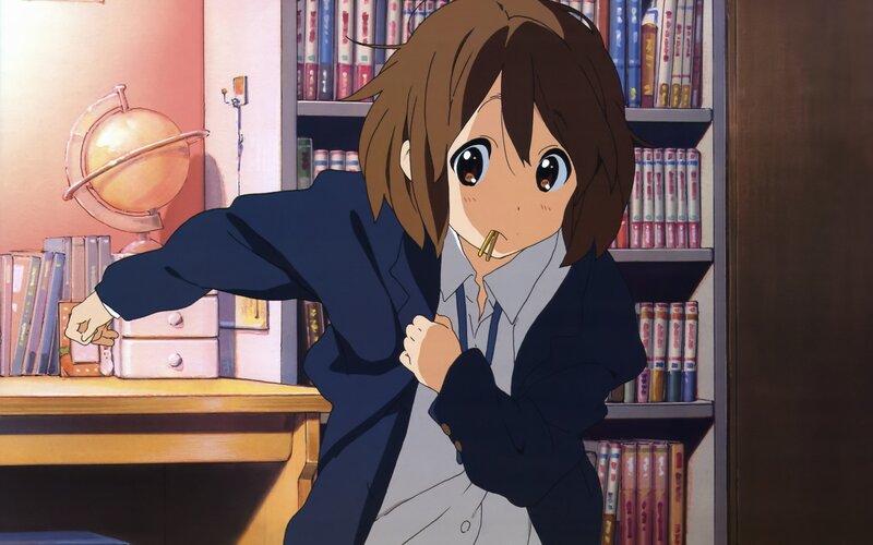 Anime Girl in Library — Brown, Calm, Bookshelf, Globe