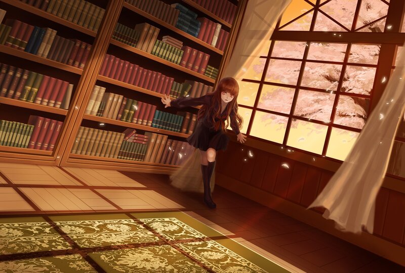 Anime Girl in Library — Brown, Dramatic, Sunset