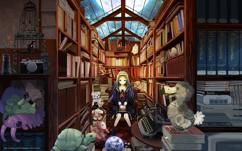 Anime Girl in Library — Brown, Serene