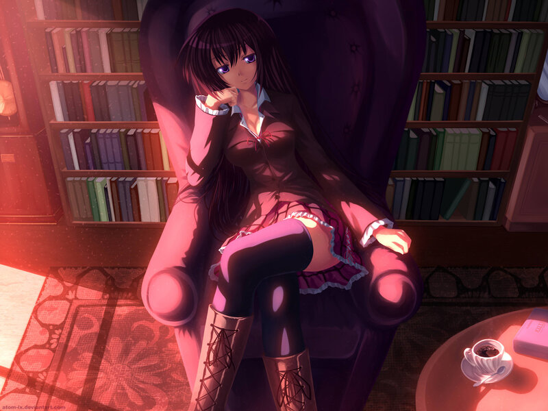 anime girl in library chair