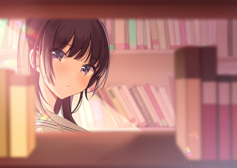 Anime Girl in Library — Pink, Calm, Afternoon, Bookshelf