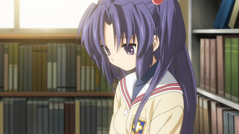 Anime Girl in Library — Purple, Calm, Afternoon, Bookshelf