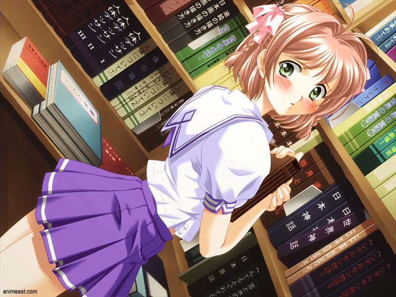 Anime Girl in Library — Purple, Calm, Bookshelf, School Uniform
