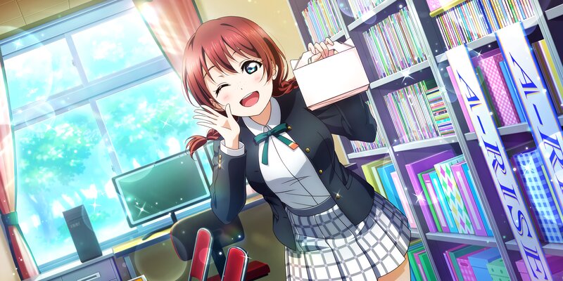 Anime Girl in Library — Red, Cheerful