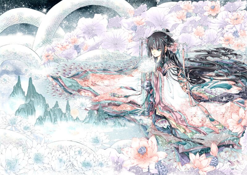 Anime girl in lotus garden