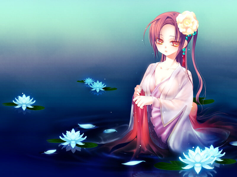 anime girl in lotus pond
