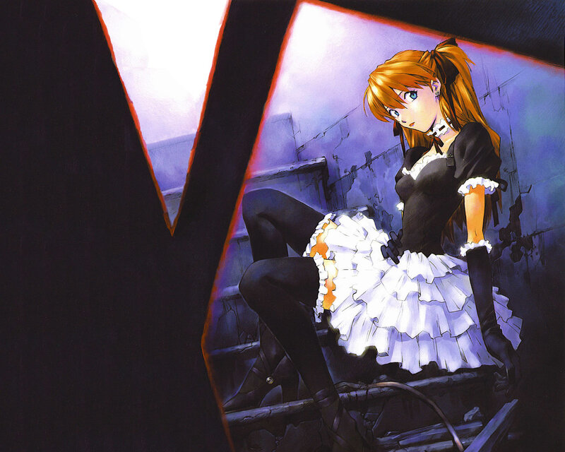 Anime Girl in Maid Outfit — Black, Dramatic, Night, Manga, Maid Dress, Stairs, Broken Wall