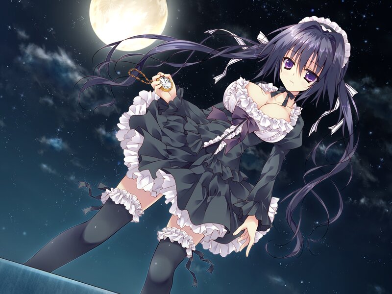 Anime Girl in Maid Outfit — Black, Dramatic, Night, Moon