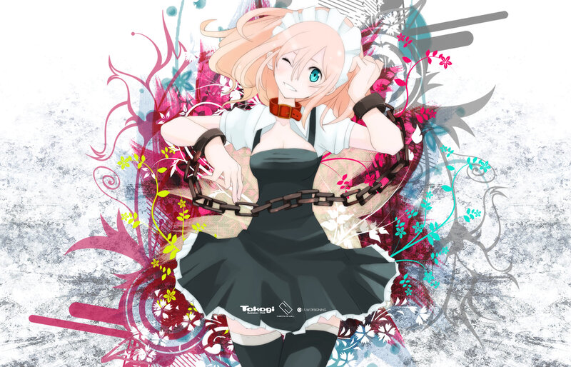 Anime Girl in Maid Outfit — Black, Playful, Digital Art, Chains, Floral Patterns
