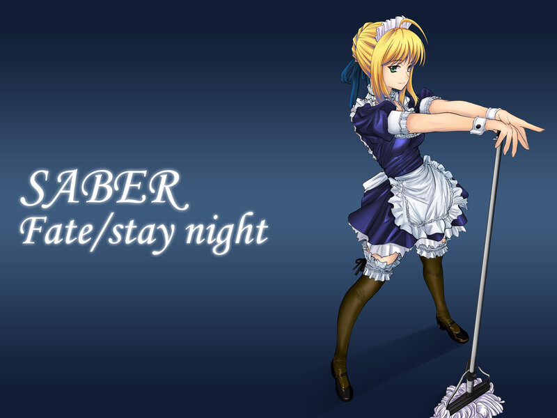 Anime Girl in Maid Outfit — Blue, Playful, Mop