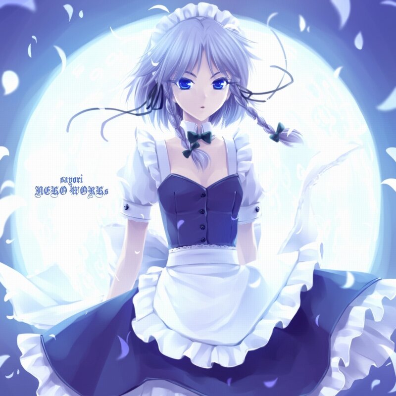 Anime Girl in Maid Outfit — Blue, Serene, Night, Moon