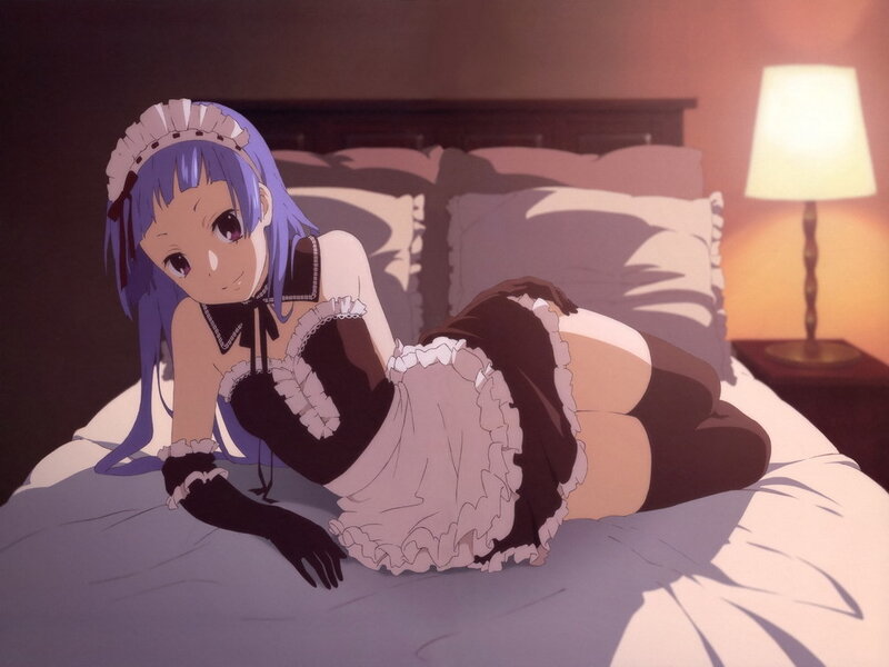 Anime girl in maid outfit on bed