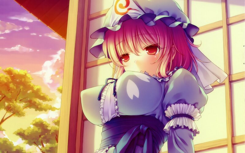 Anime Girl in Maid Outfit — Purple, Serene, Sunset, Window