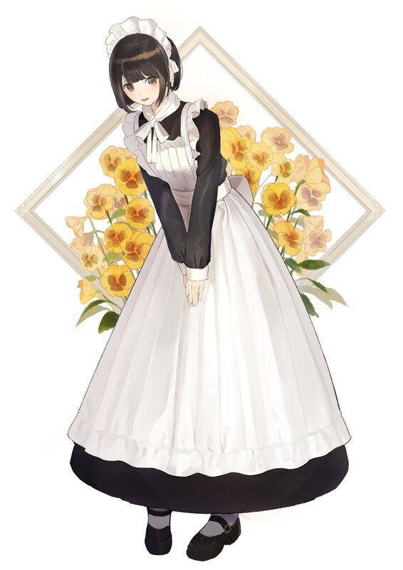 Anime Girl in Maid Outfit — White, Calm, Digital Art, Flowers, Dress