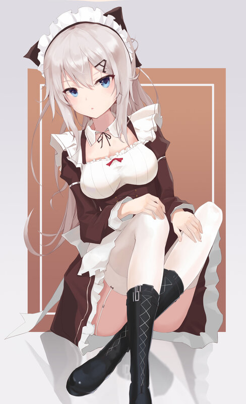 Anime Girl in Maid Outfit — White, Calm, Digital Art, Maid Dress, Cat Ears
