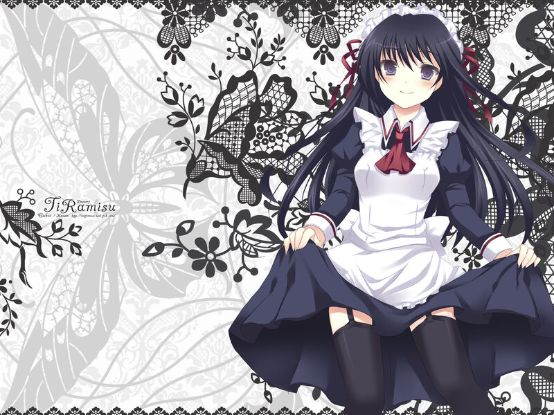 Anime Girl in Maid Outfit — White, Calm, Maid Dress, Black Hair, Lace Pattern