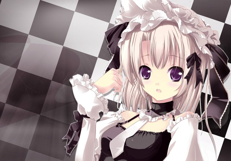 Anime Girl in Maid Outfit — White, Calm, Maid Dress, Checkered Background