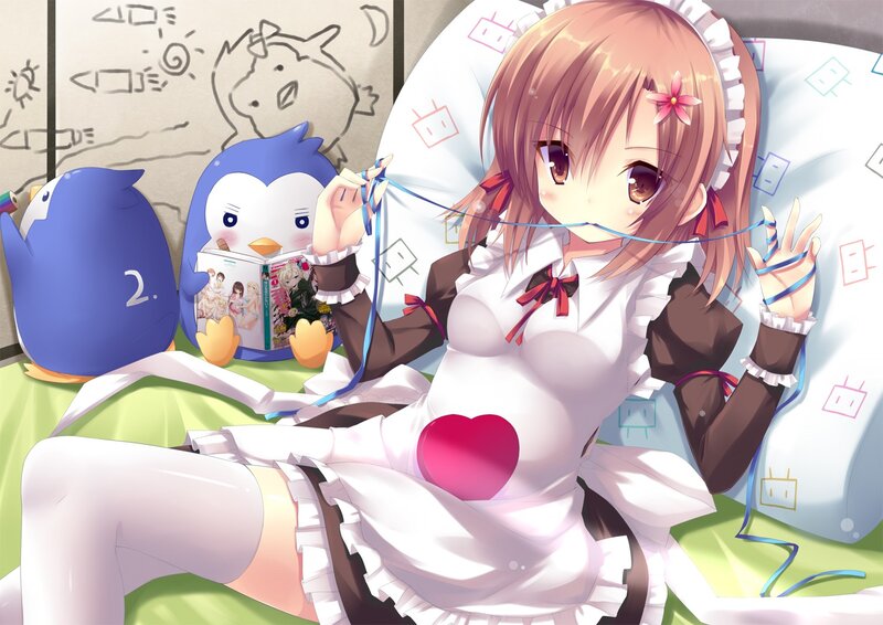 Anime Girl in Maid Outfit — White, Calm, Manga, Penguin Plushies