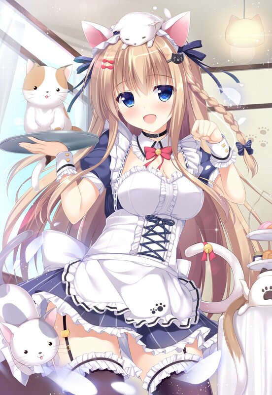 Anime Girl in Maid Outfit — White, Cheerful, Cat