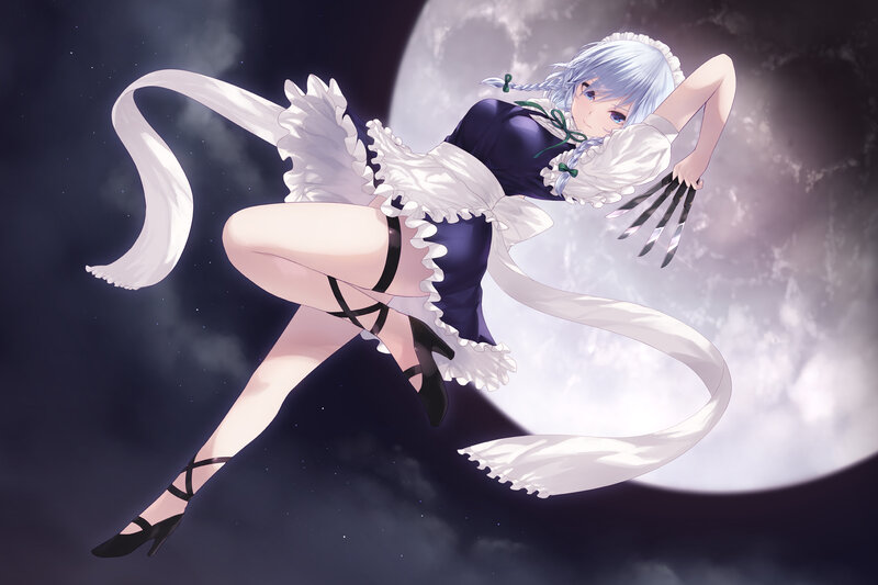 Anime Girl in Maid Outfit — White, Dramatic, Night, Digital Art, Moon