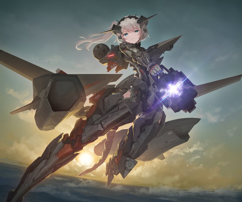 Anime Girl in Mech Suit — Gray, Dramatic, Sunset