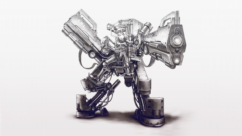 Anime Girl in Mech Suit — Gray, Dramatic