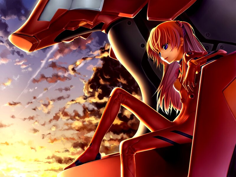 Anime Girl in Mech Suit — Red, Dramatic, Sunset