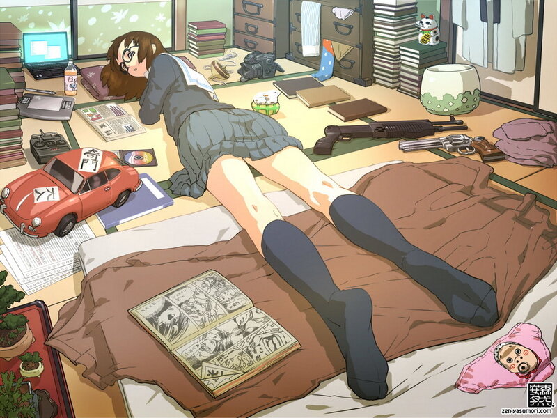 Anime girl in messy room