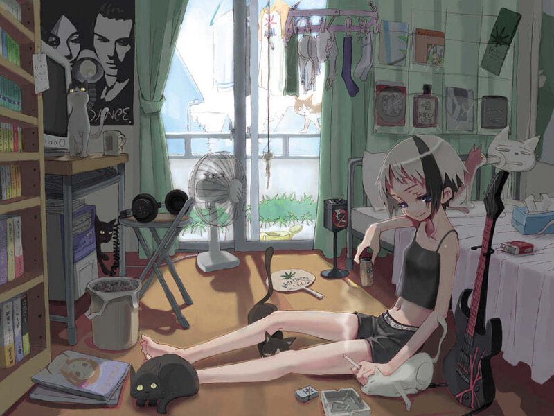 Anime girl in messy room
