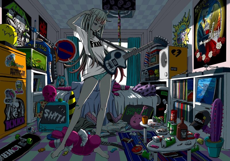 Anime girl in messy room