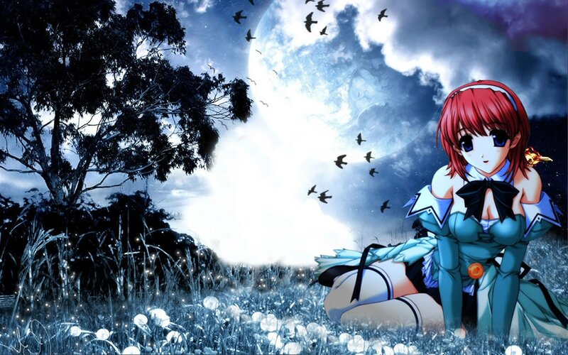 Anime girl in moonlit field