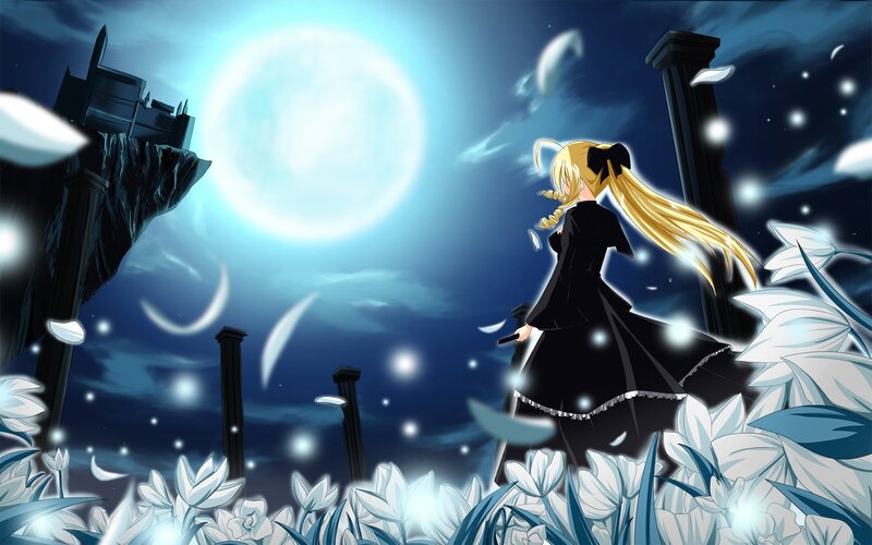 Anime girl in moonlit garden
