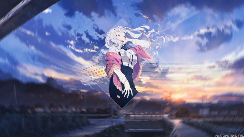 Anime Girl in Motion — Blue, Dramatic, Sunset