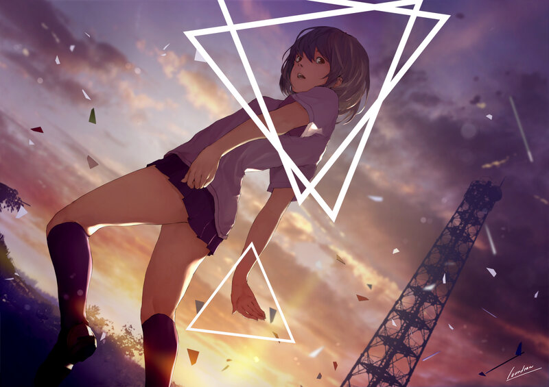 Anime Girl in Motion — Purple, Dramatic, Sunset