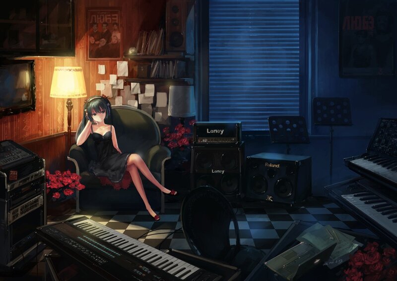 Anime girl in music room